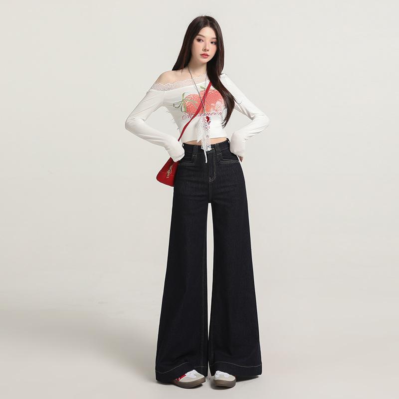 Retro micro-pull jeans, women's autumn new high-waisted loose-fitting wide-legged and thin, no-stick leg flared pants