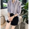 1116 Early Spring New Women's Clothing Korean Version Loose Large Size Striped Shirt Women's Seven-Sleeve V-Neck Top Bottom Shirt