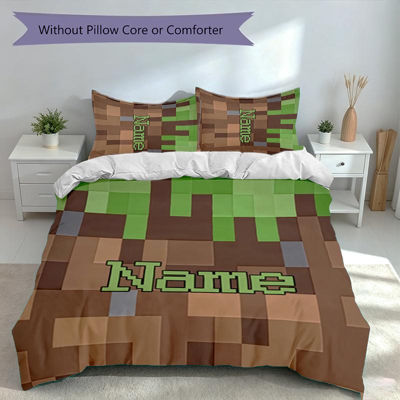 3pcs Custom Name Game Block Pixel World Set,Includes 1 Duvet Cover and 2 Pillowcases,All-season Bedroom Decor