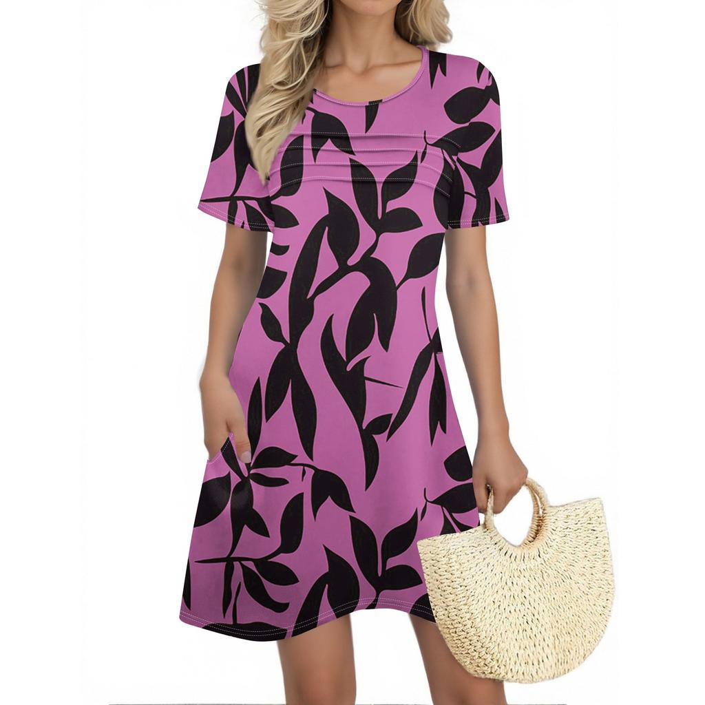 Женские летние платья Женские летние платья с цветочным принтом Повседневные платья с коротким рукавом и круглыми карманами
