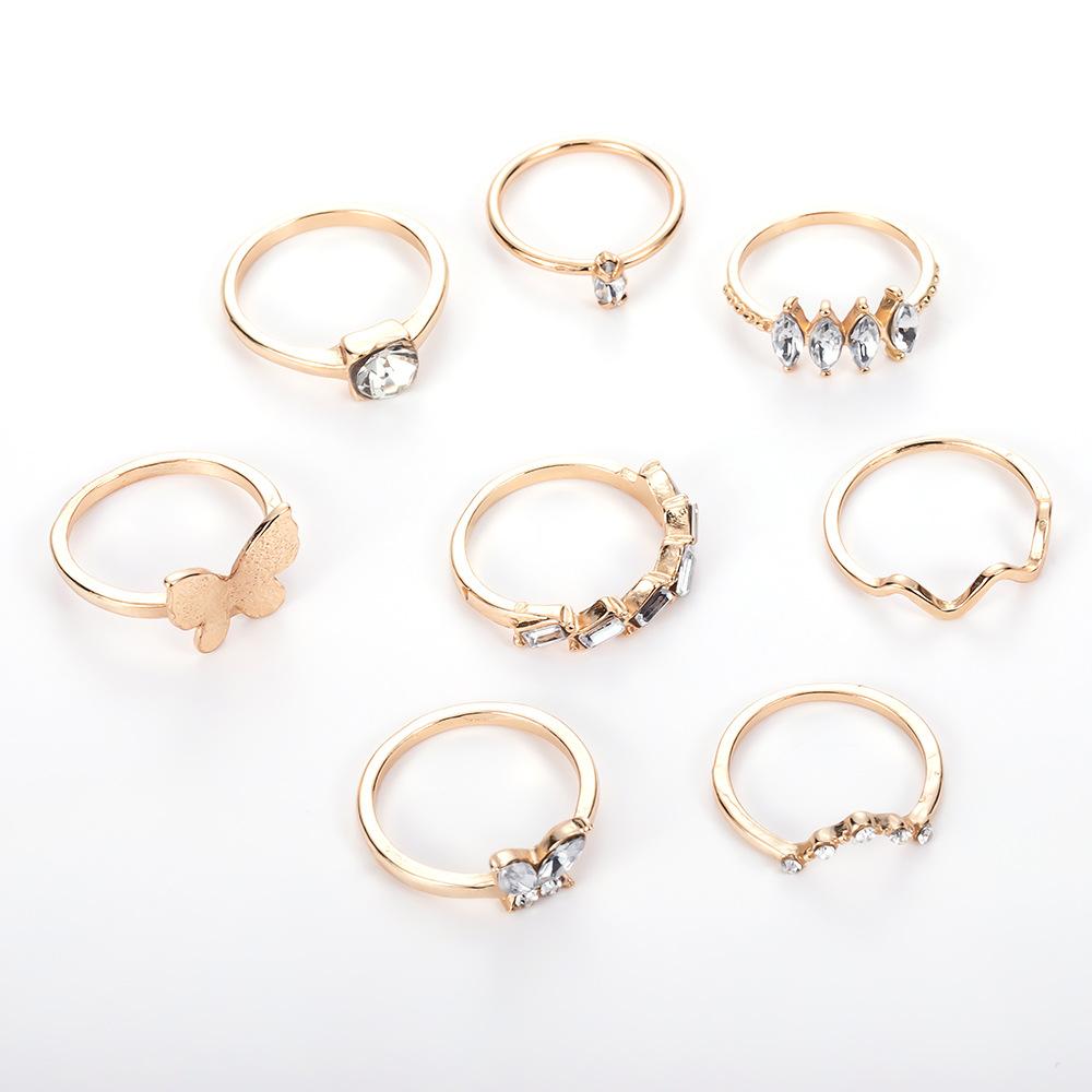 Combination Ring Golden Butterfly Wave Point Diamond 8-piece Set Ring