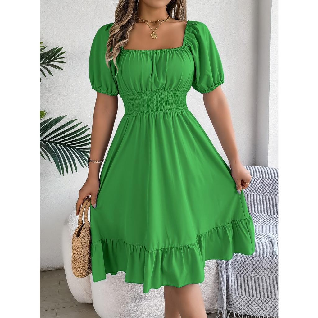 GMXIA Весенне-летнее повседневное платье с квадратным вырезом, короткими рукавами, приталенное, с А-силуэтной юбкой с оборками, женская одежда