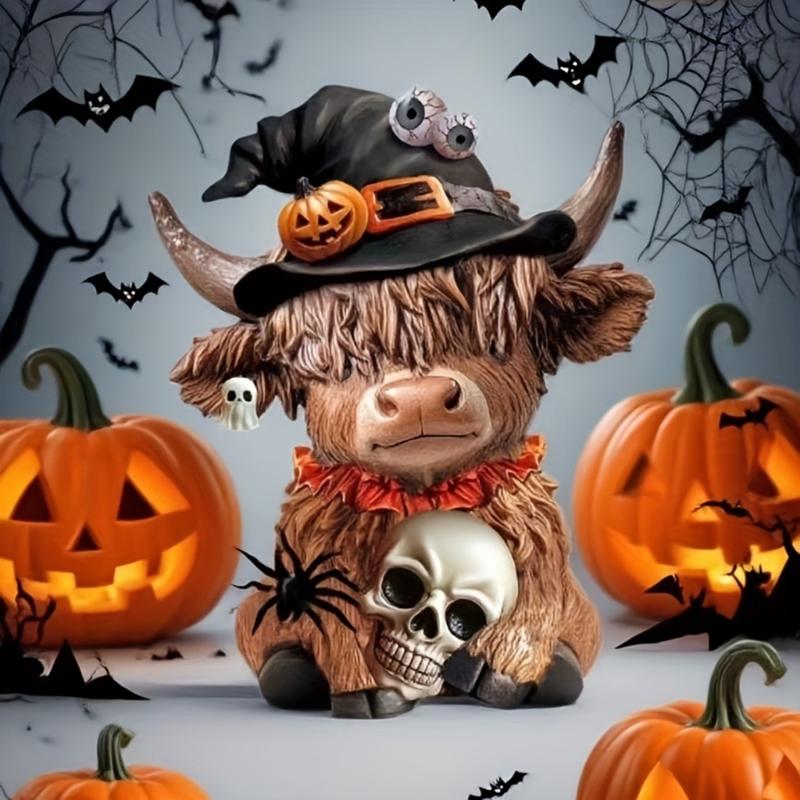 High Land Cow Holding Skull Pumpkin Statue Unique Holiday Gift Handcrafted Resins Figurine Halloween Tabletop Display