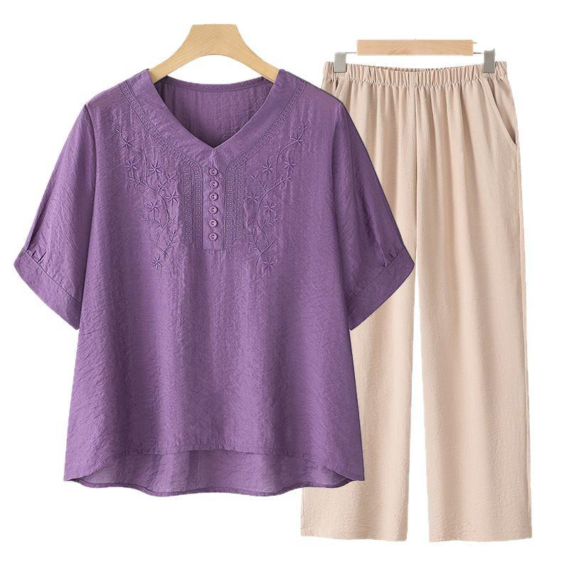 Women's Tencel Linen Embroidered Short-Sleeve T-Shirt & Pants Two-Piece Set - Summer 2025 Collection for Middle-Aged Moms