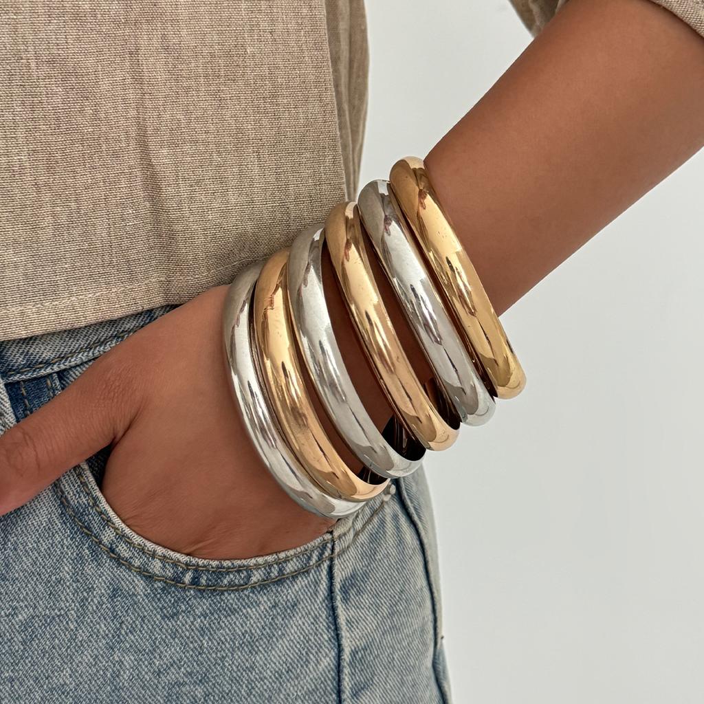 SHIXIN Minimalist Smooth Surface Stackable Round Bracelet for Women Elegant Glossy Mixed Color Geometry Wide Bangle Jewelry Gift