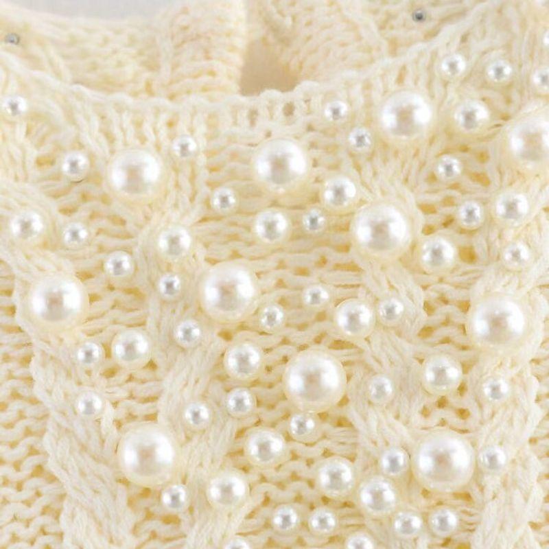 Kaslead New Women Clothes Western Style Artificial Pearl Inlaid Round Neck Loose Knit Top 2142194