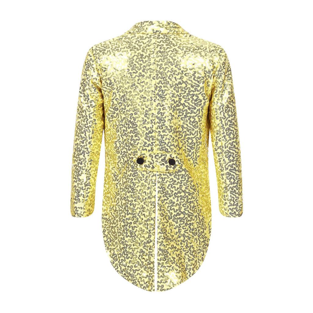 Мальчики Фрак с полными пайетками Сатиновый лацкан с пиком Открытый спереди Блейзер с длинным рукавом Костюм для выступления на магическом шоу