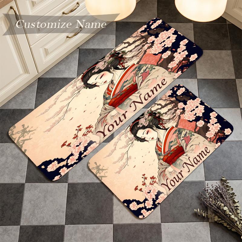 Geisha (1) Custom Name Flannel Mat Anti-Slip Kitchen Floor Rug for Home Kitchen Decor Gift