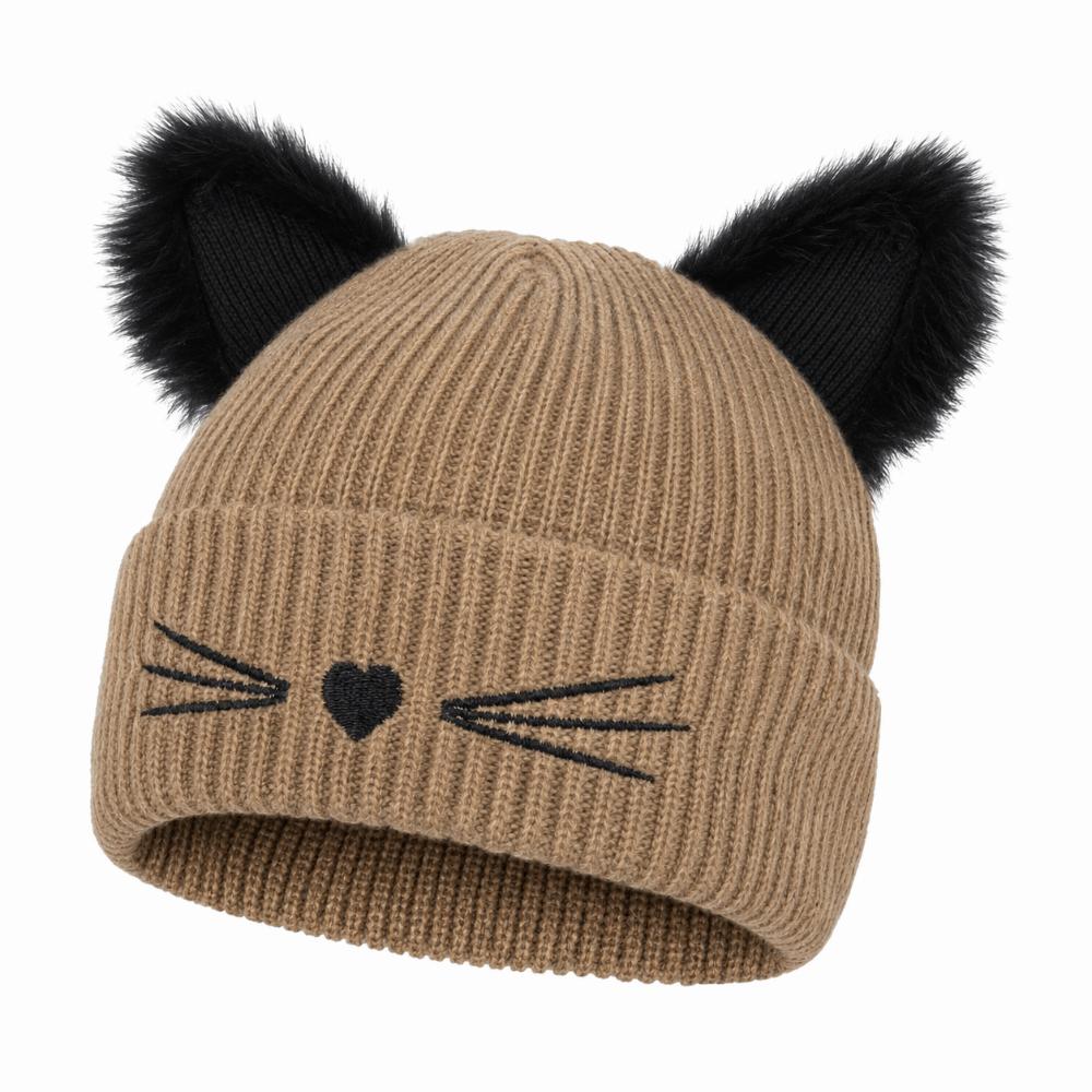 Embroidery Cat Ear Beanie Faux Fur Skull Cap Streetwear Winter Hat Autumn Winter