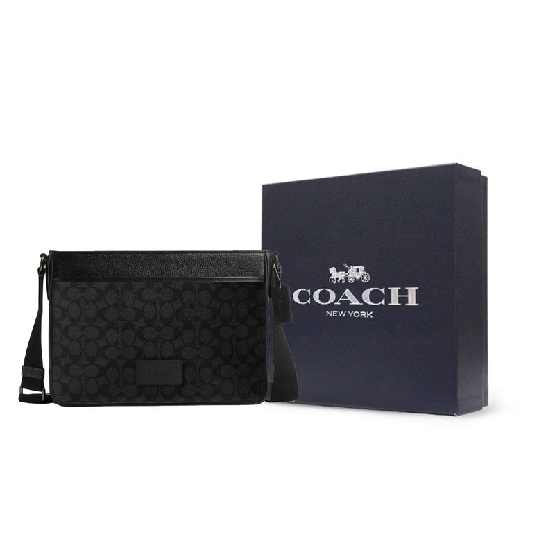 Coach Район 30 Застежка-молния Регулируемый плечевой ремень Покрытый холст Сумка через плечо Большая мужская сумка Угольно-черный CV761-QBMI5