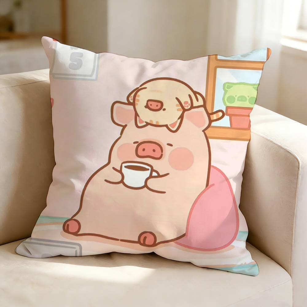 Cute and Lazy LLuLu Cartoon Pig Pillow Case Square DoubleSided Sofa Cushion Cover Bedroom Bedside Pillow