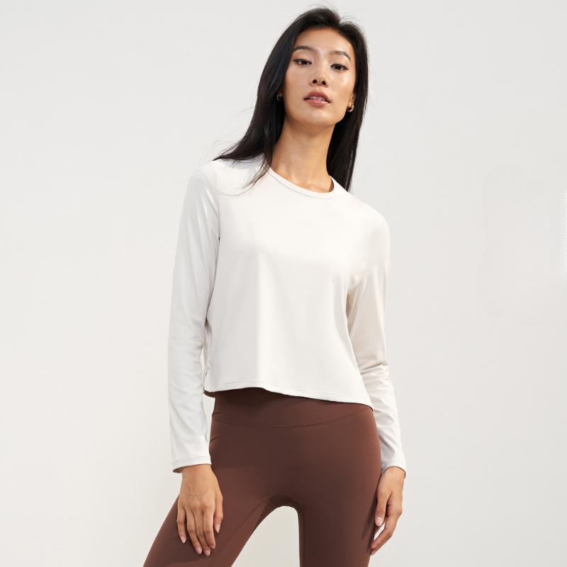 Осенне-зимняя одежда телесного цвета для йоги с длинным рукавом и коротким круглым вырезом, одежда для фитнеса, для отдыха на открытом воздухе, свободные спортивные топы