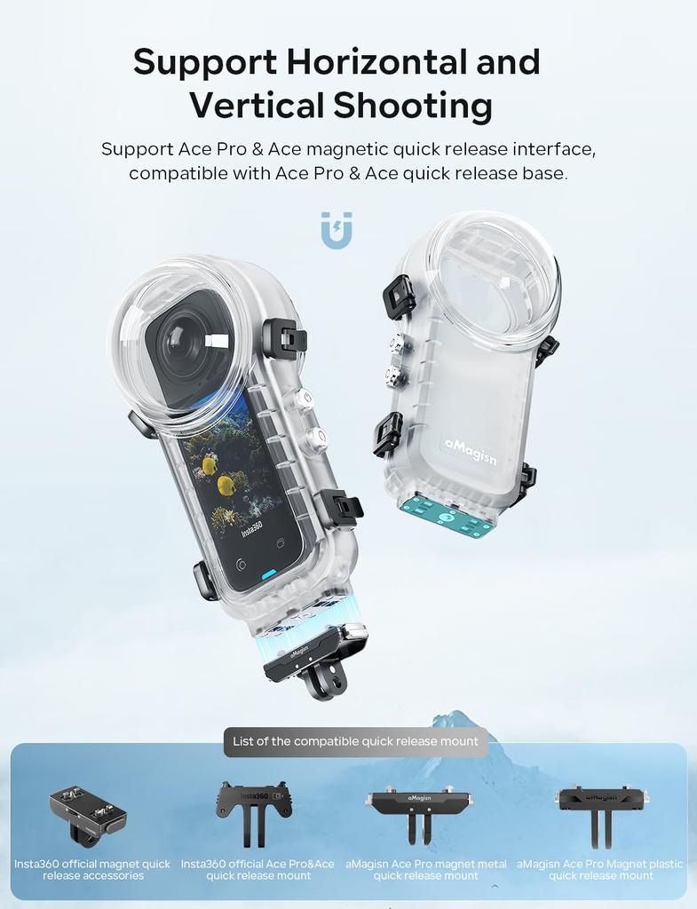 Waterproof Case Invisible Dive Case for Insta360 X4 50m 164ft Waterproof Housing with Screw Quick Connect Magnetic Adapter Mount 1/4 Hole,
