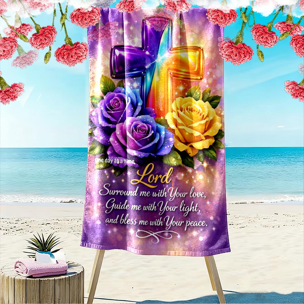 Colorful Cross and Roses with Prayer Text Beach towel quick-drying for travel outdoor sports jogging beach and swimming