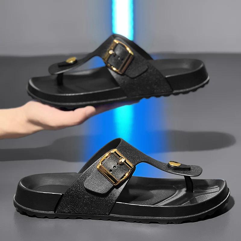 Fashion Leather Men's Sandals Summer Casual Flat Bottom Thong Slippers Beach Shoes Soft Sole Indoor Outdoor Slip-On Footwear