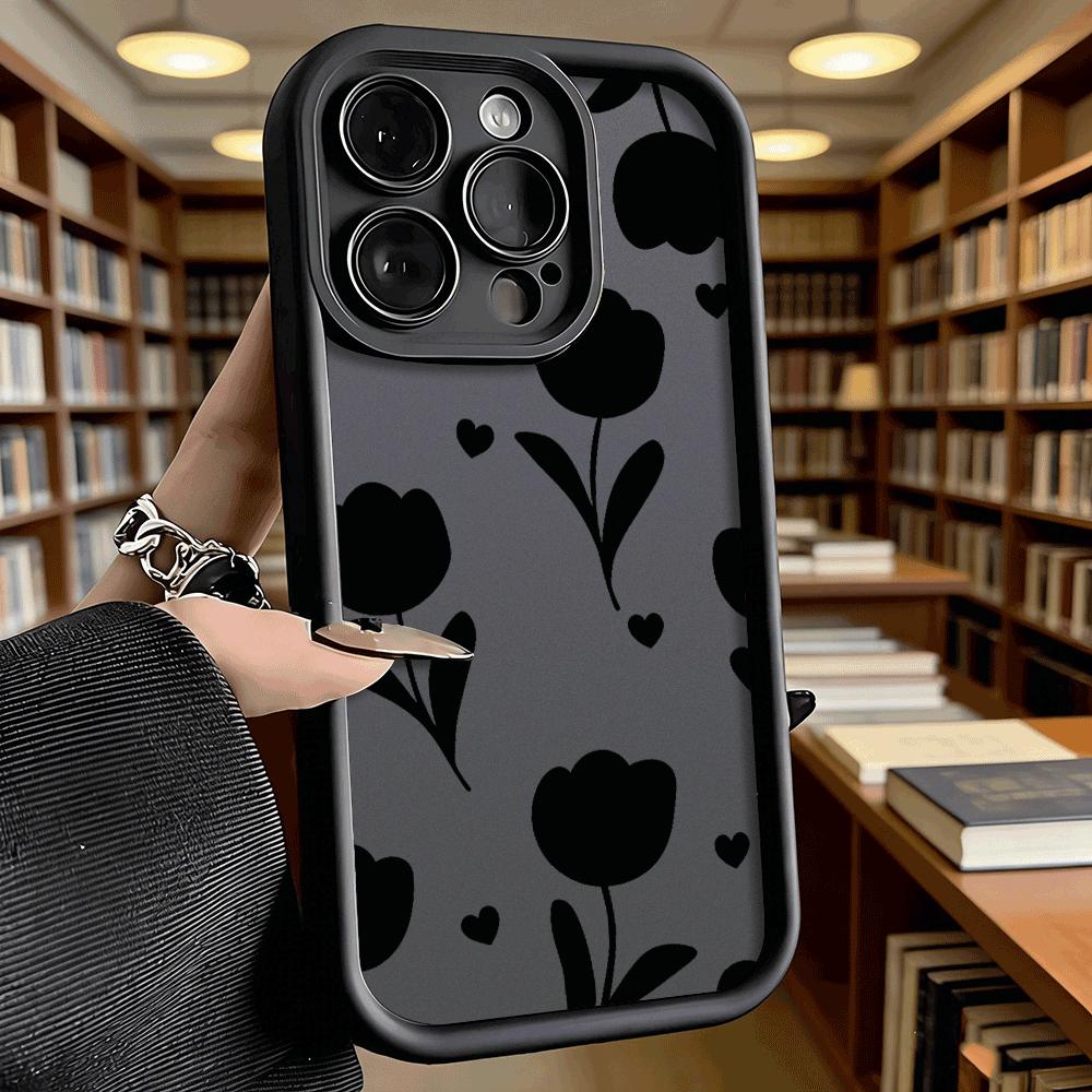 Black Tulip Flower Pattern Luxury Anti-Slip TPU Phone Case For Xiaomi Redmi Note 15 14 13 12 11 10 9 Pro Full Protective Cover