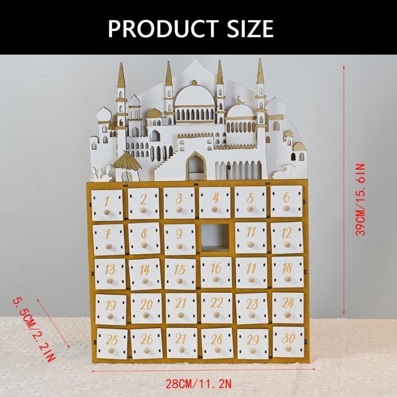 652F Islamics Home Decors Eid Ramadans Countdown Calendar with LED Lighting and 30 Small Drawers Muslims Party Supplies