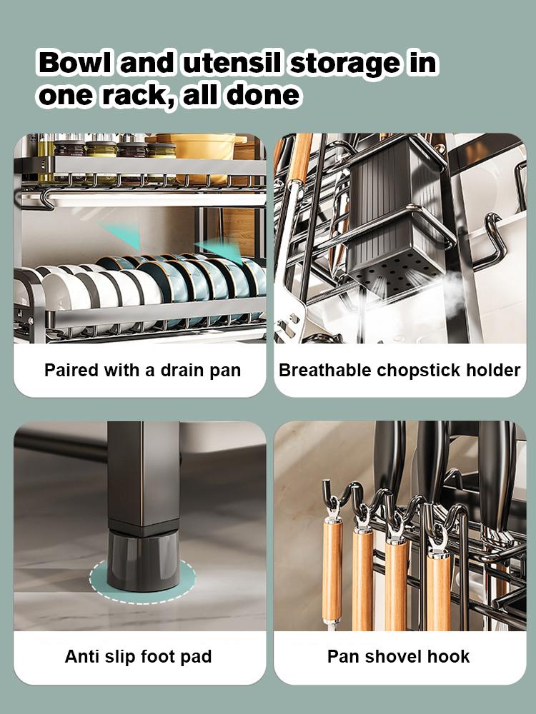Сушилка для посуды, 2-уровневая, компактная, кухонная сушилка для посуды, комплект с большой сушилкой для посуды из нержавеющей стали с держателем для столовых приборов