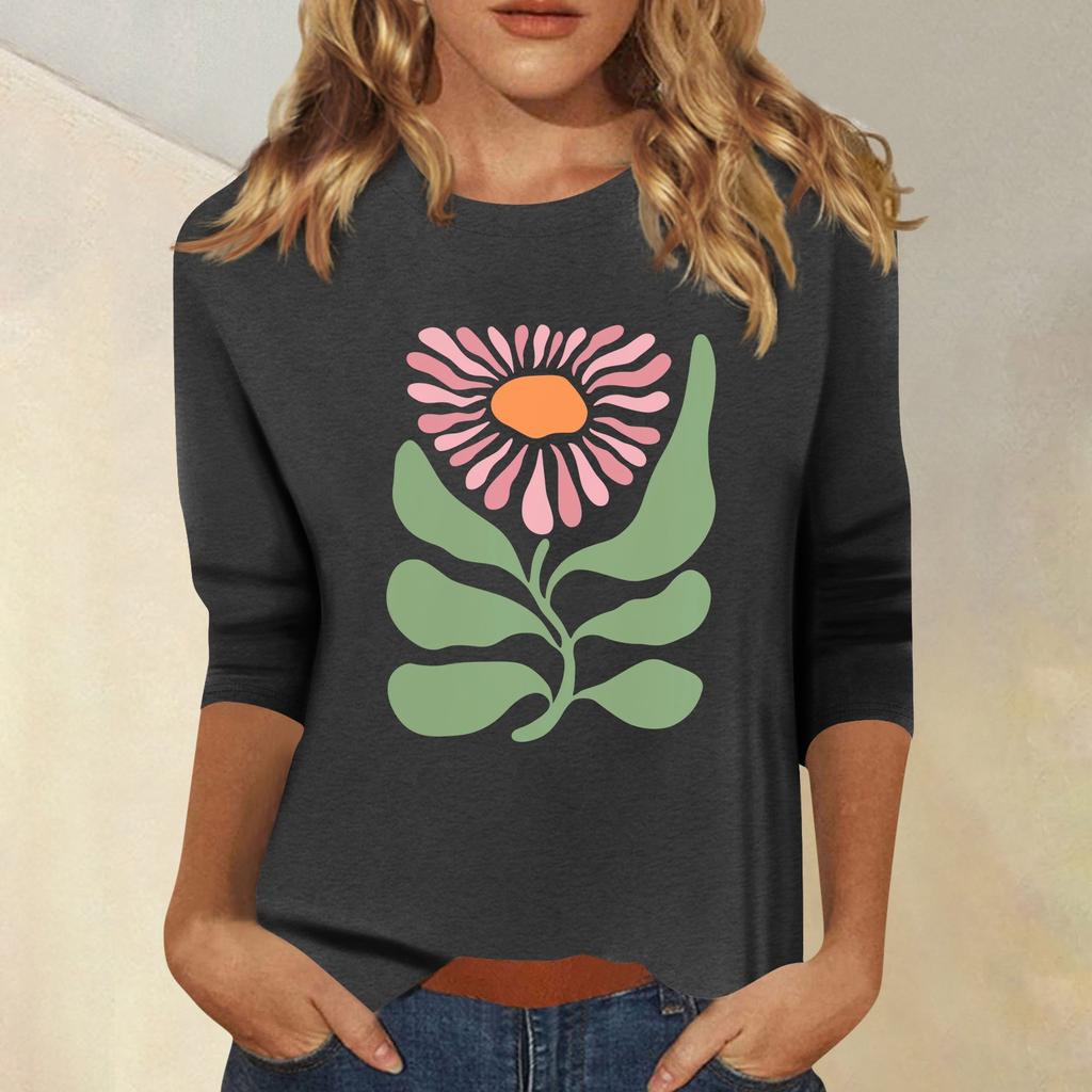 Женская мода повседневный принтованный топ с семью рукавами и круглым вырезом