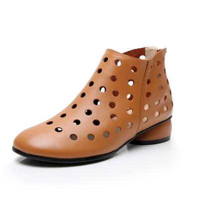 Короткие ботинки женские сандалии из натуральной кожи толстый каблук полые женские туфли 2025 новая весна лето коровья кожа женская обувь 34-43