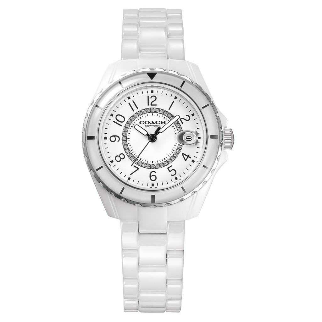Coach PRESTON Black Quartz Water Mineral White Watch, 33mm, Ceramic, Dial, Movement, Resistant, Glass, Women's, (Product Code 14503462)