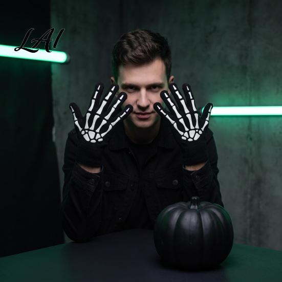 Knitted Horror Cosplay Accessories Halloween Glow‑In‑The‑Dark Skeleton Knit Gloves Luminous Skull Bone Print Costume Atmospheric Photo