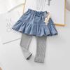 Поддельные две юбки для девочек, брюки, весенне-осенние детские повседневные леггинсы, джинсовая юбка с рисунком кролика для маленьких детей и трикотажные брюки
