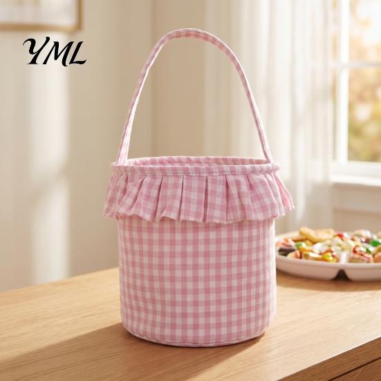 Pumpkin Ghost Pattern Totes Halloween Basket, Plaid Ruffle Trick or Treat Candy Bucket with Handle Cloth Gift Bags for Birthdays Kids, Reusable