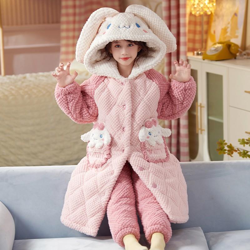 Girls Winter Warm Coral Fleece Pajama Set Thick 3-Layer Cotton Lined Cartoon Print Long Sleeve Sleepwear Ages 8