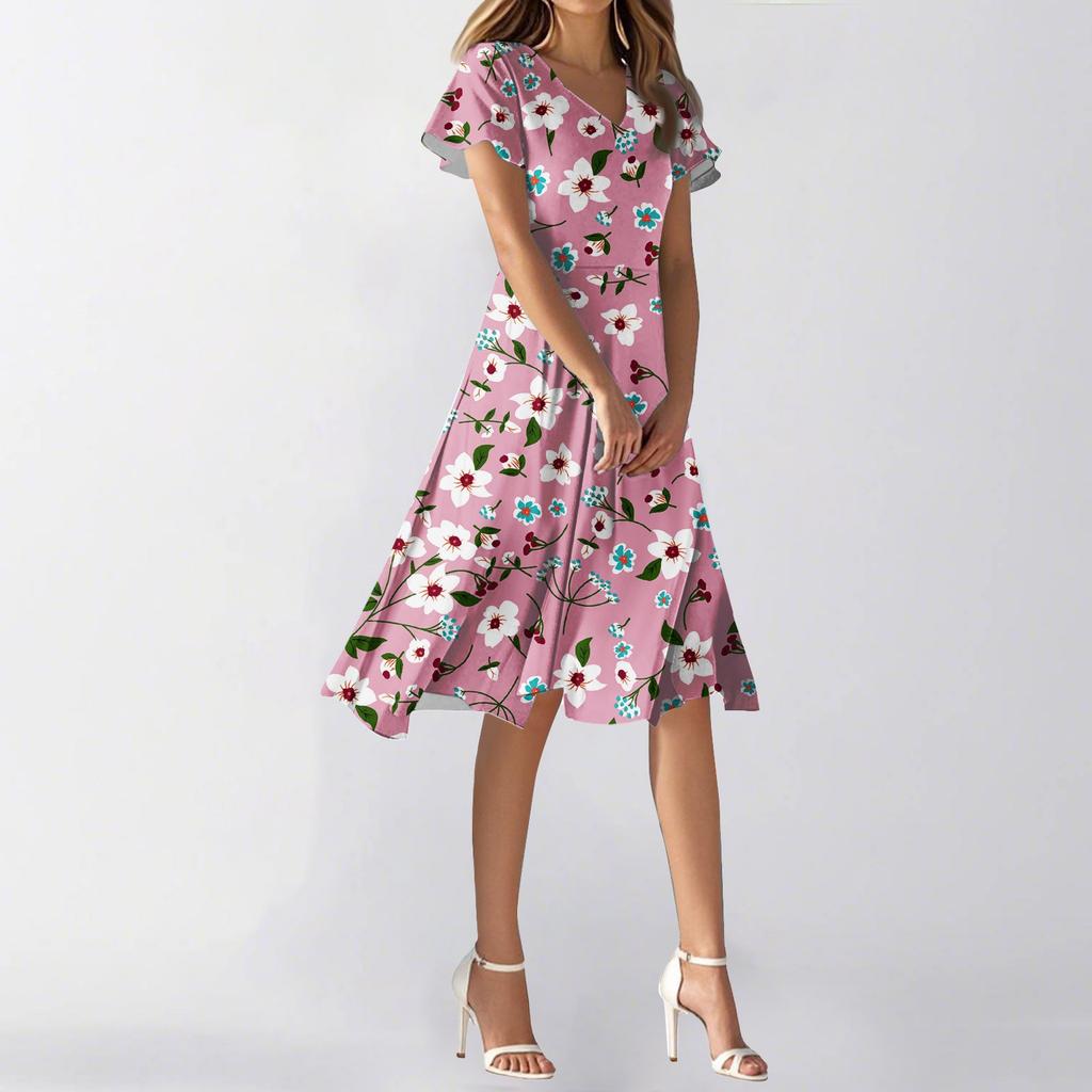 Women's Summer Casual Fashion Flower Print Dress V Neck Short Sleeve Short Skirt