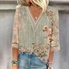 Женская рубашка, блузка, повседневные свободные рубашки, рукава 3/4, кружевные топы с v-образным вырезом и принтом, топы с принтом, футболки, футболки