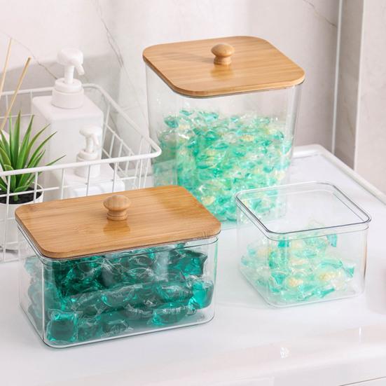 Контейнер для хранения шариков для стирки с бамбуковой крышкой, широкое отверстие, акриловый контейнер, органайзер для шариков стирального порошка, влагозащитный