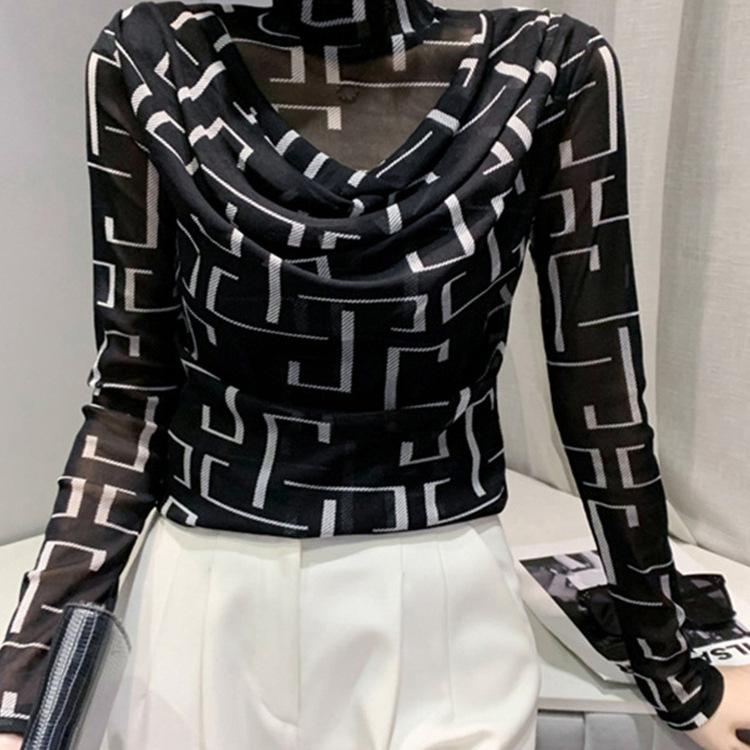 Футболка-борцовка с полуворотником для женщин, нижнее белье, осенняя сетчатая облегающая футболка с длинными рукавами и принтом животных