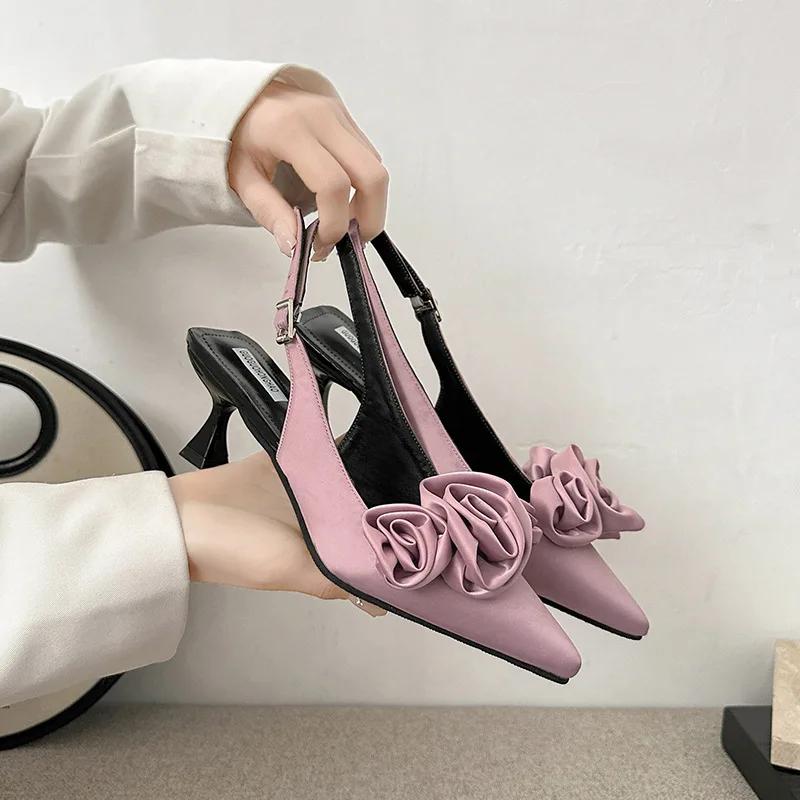 Босоножки на высоком каблуке с острыми цветками для женщин. Летняя мода. Сексуальные туфли-мюли с острым носком. Женские туфли-лодочки с ремешком сзади для вечернего платья.