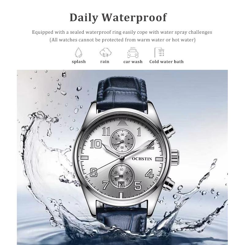 Multifunctional Chronograph Men Watch Luminous Hands Calendar Display Leather Strap Analog Quartz Wrist Watches