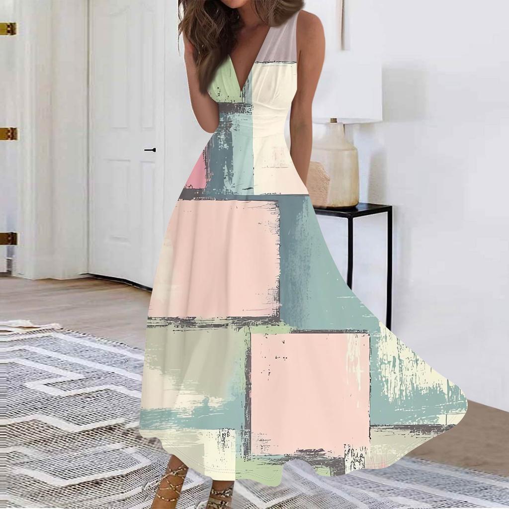 Женские модные повседневные свободные платья с V-образным вырезом без рукавов с принтом