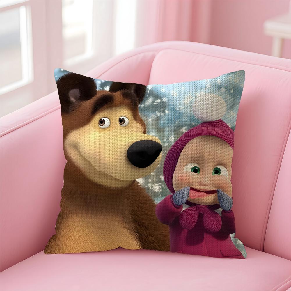 MMasha And The BearR Cushion Cover Natural Linen Pillow Case DoubleSided Print Decorative Sofa Pillowcase Home Decor Gift