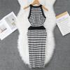 Summer Women Elegant Houndstooth Sleeveless Knitted Sweater Mini Short Slim Bodycon Pullover Dresses