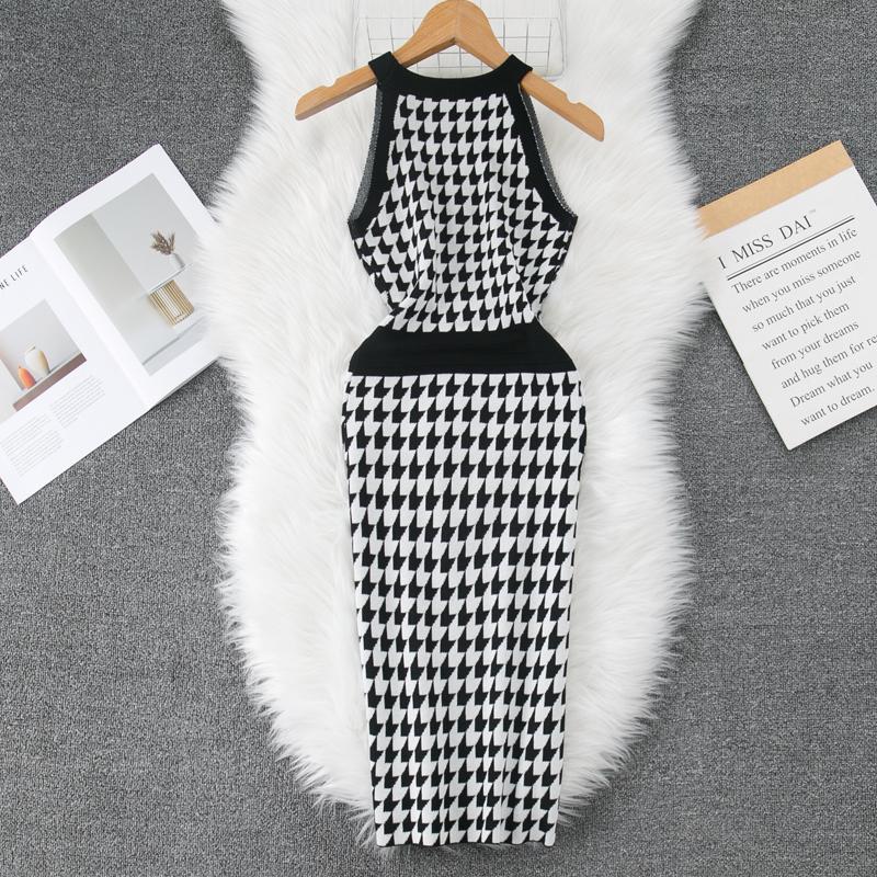 Summer Women Elegant Houndstooth Sleeveless Knitted Sweater Mini Short Slim Bodycon Pullover Dresses