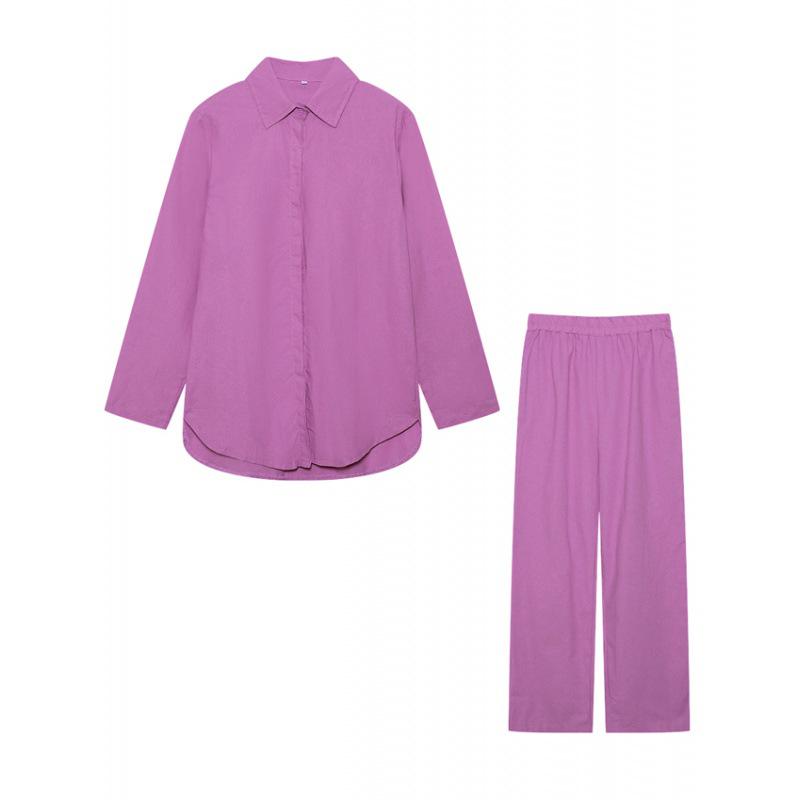 2023 Women's Casual Two-Piece Suit: Lapel Long-Sleeve Shirt & Wide-Leg Pants for Spring & Autumn