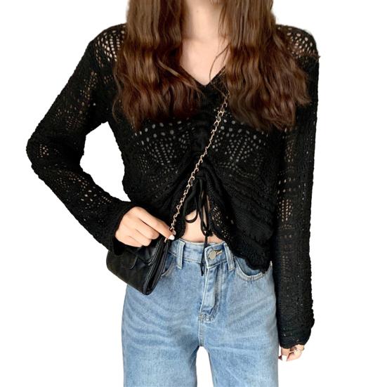 Women Cover Up Tops V-Neck Drawstring Design Long Sleeve Pullover Tops Solid Color Loose Fit Hollow Design Sunscreen Cover Up