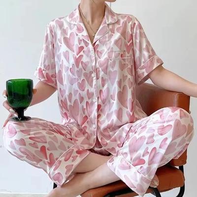 Пижама атласная шелковая весна лето короткие рукава длинные брюки Love Heart тонкая пижама женская классная пижама женская пижама