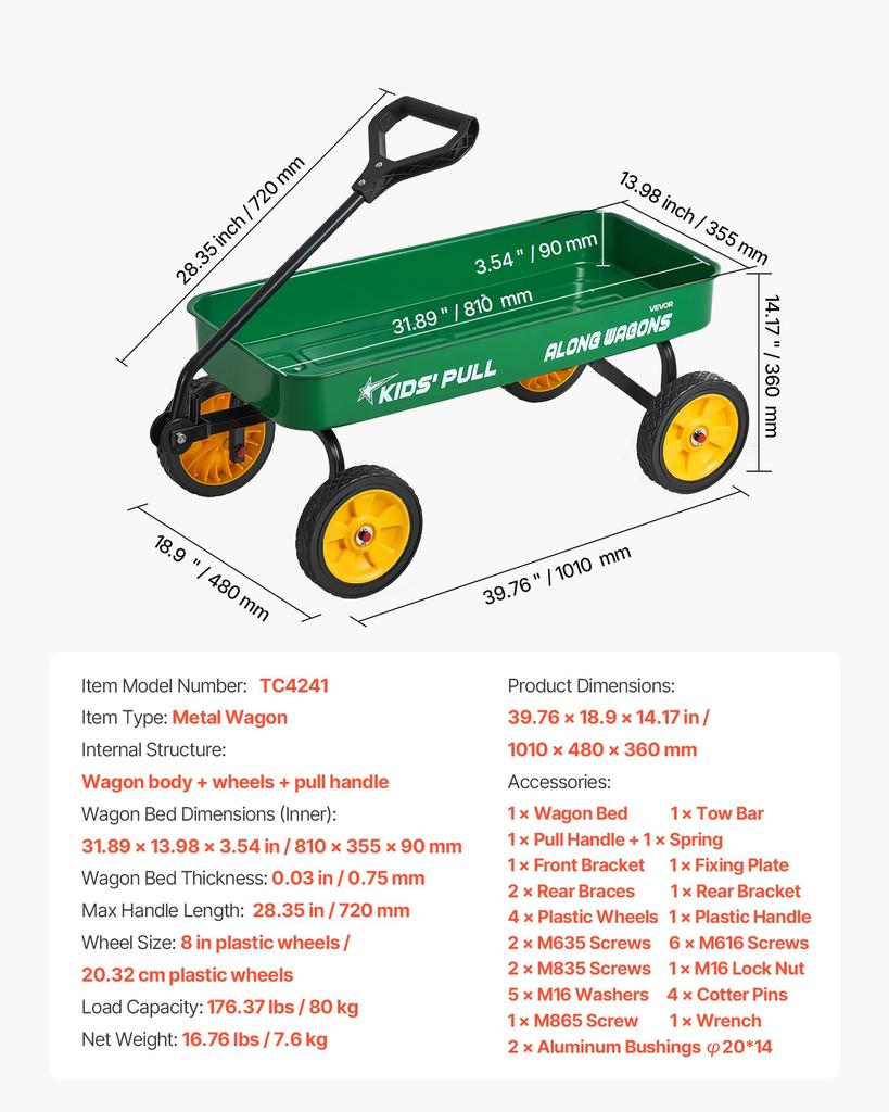 VEVOR Pull-Along Wagon for Kids, 101 cm Toddler Wagons, Supports up to 80kg, All-Terrain Wagons with Handle