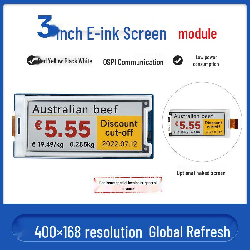 3" E-Paper Display Module - Red/Yellow/Black/White, 400x168 Resolution.