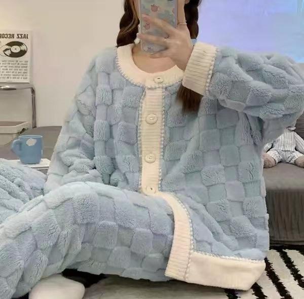 Green White Blue Thickened Coral Fleece Pajamas Set Women Autumn Winter Lounge Home Warm Sleepwear Plus Size Homewear