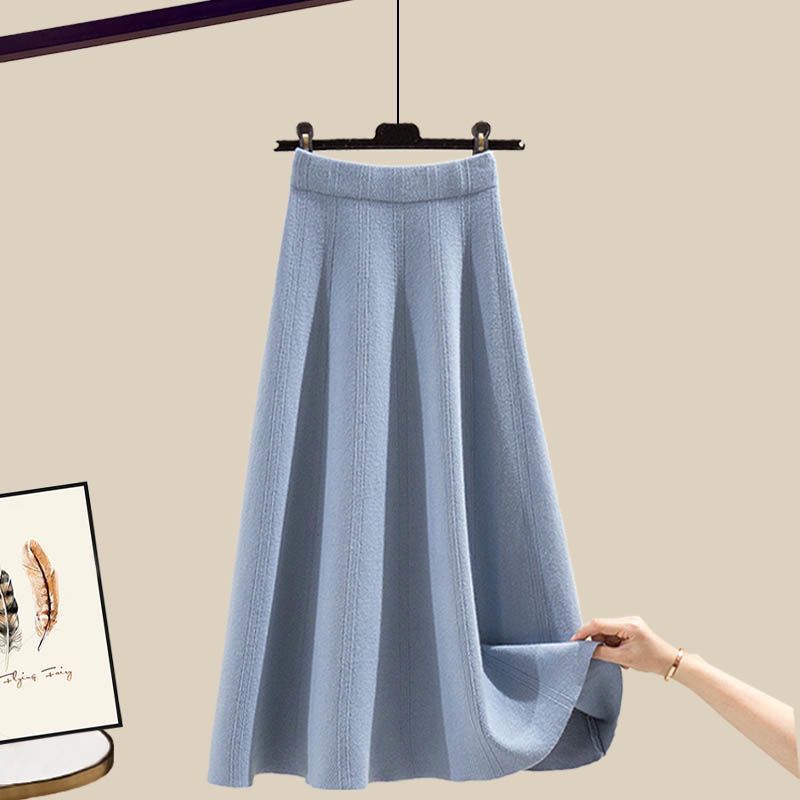 Fall/Winter Women's Skirt Suits Color-Blocked Pullover Knit Sweater Knit Skirt Two-Piece Set A Line Skirt Knit Top Outfits