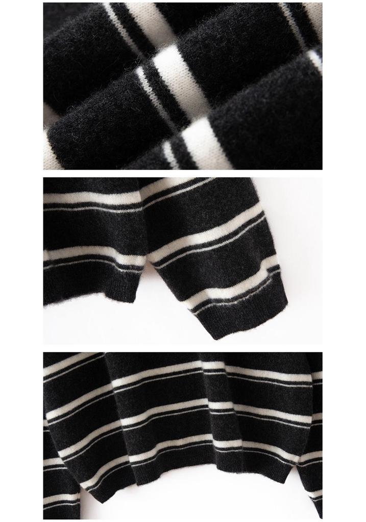 Autumn Winter Retro Stripe 100% Pure Cashmere Round Neck Knit Loose Sweater