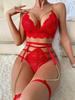 Red Lace Mesh See Through Bra and Panty Set Women Underwear Sexy Lingerie with Golden Chain Garter Exotic Babydoll