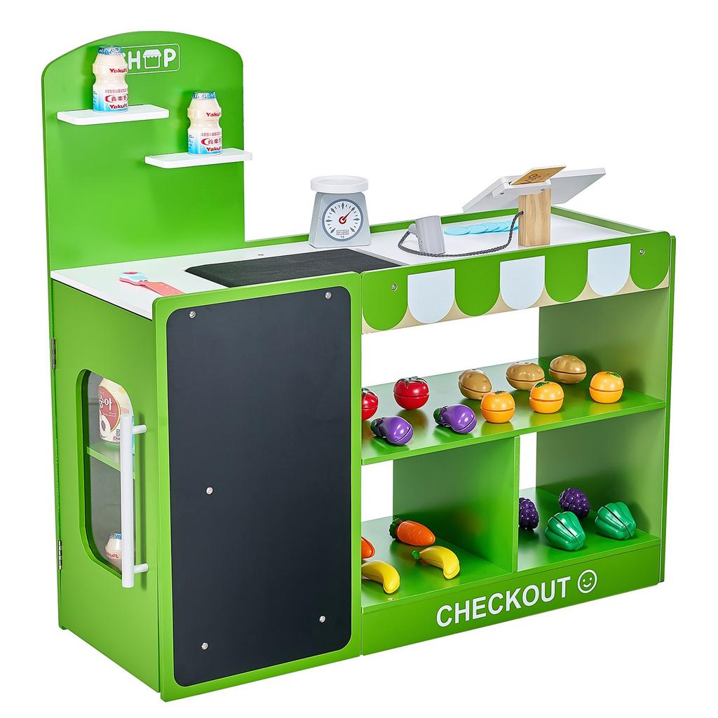 VEVOR Kids Grocery Store Playset, Wooden Play Market Stand with Shopping Bag, Kids Supermarket Pretend Play Store with Conveyor Belt, Scanner