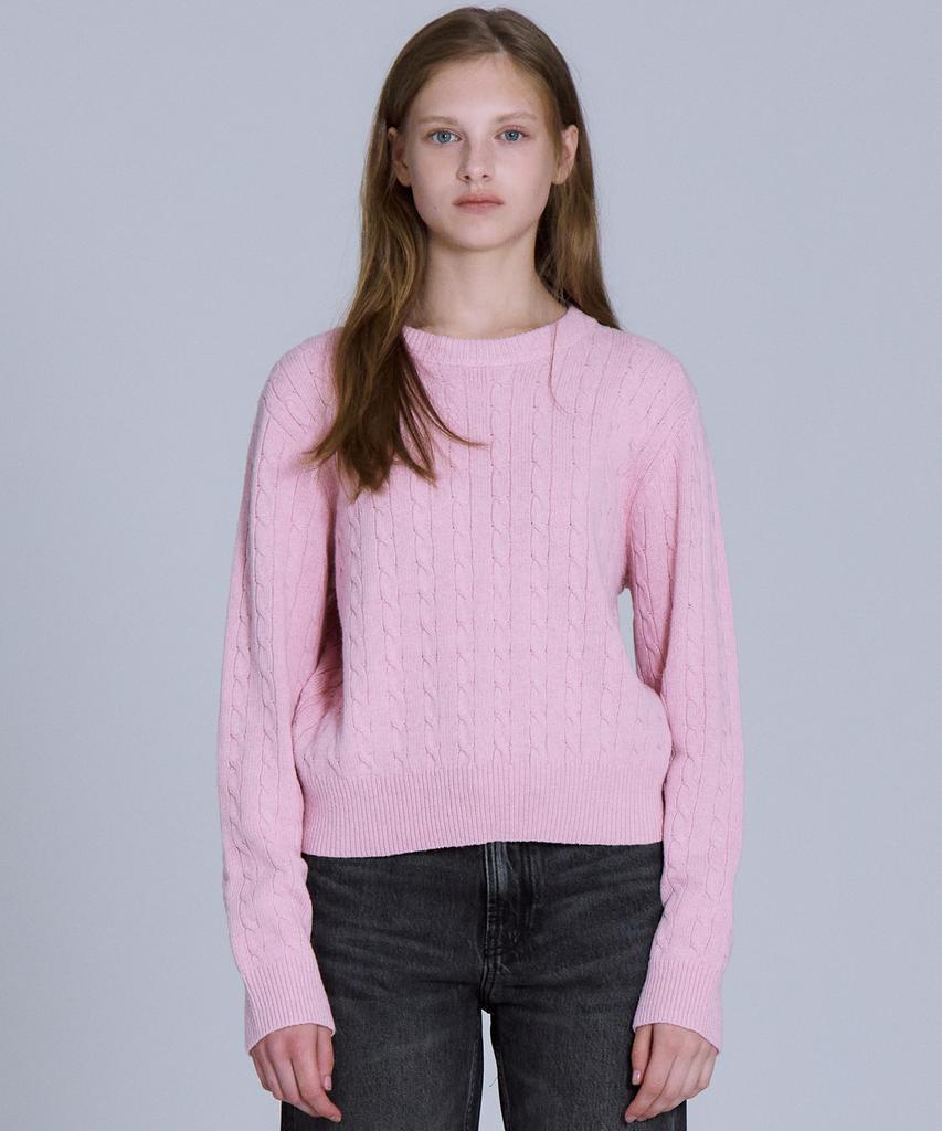 BASIC HOUSE Women'S Cable Round Neck Crop Knit Pink Lykt7201